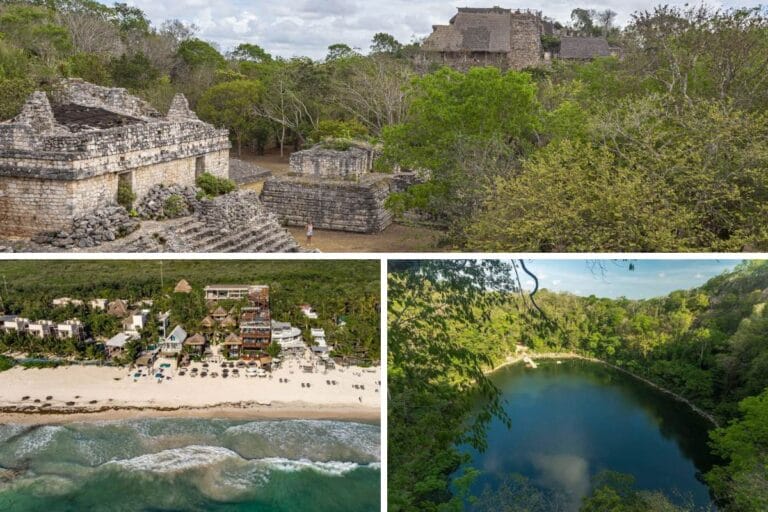 3 pictures representing the the yucatan peninsula, beach, cenote, mayan ruins