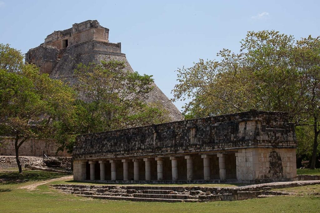 Ancient Mayan ruins at Uxmal, featuring the Pyramid of the Magician and an intricate structure, surrounded by trees under a clear sky.