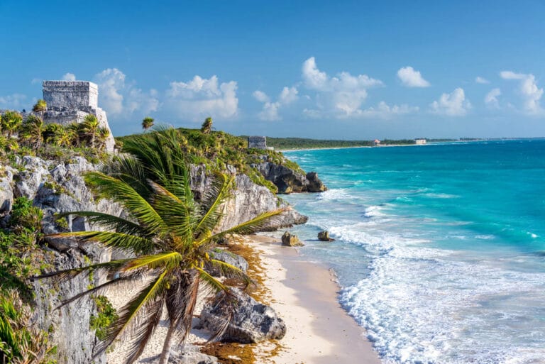 Ruins of Tulum, Mexico and a palm tree overlooking the Caribbean Sea in the Riviera Maya