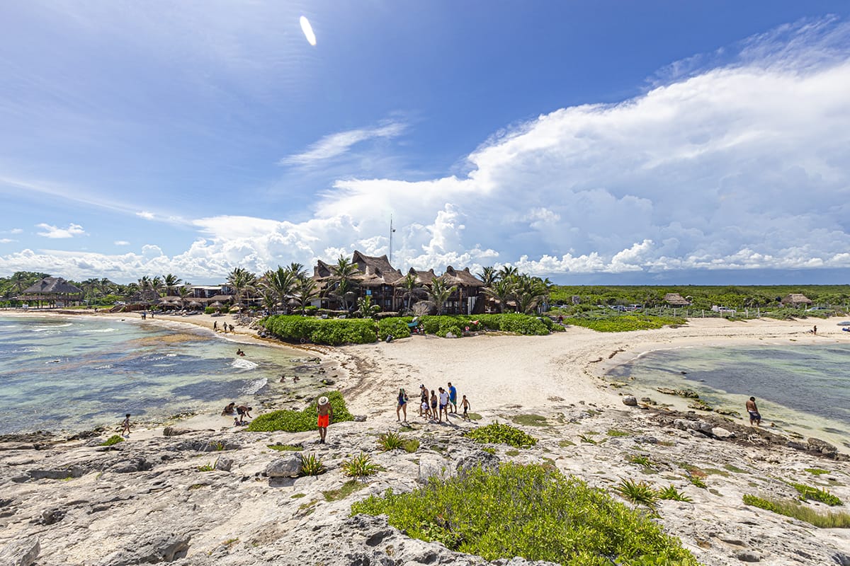 A scenic beach with clear waters, rocky foreground, and palm trees. Several people enjoy the sunny day against a bright blue sky.