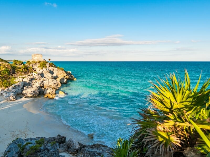 Tulum beach coastline with Mayan ruins in the background