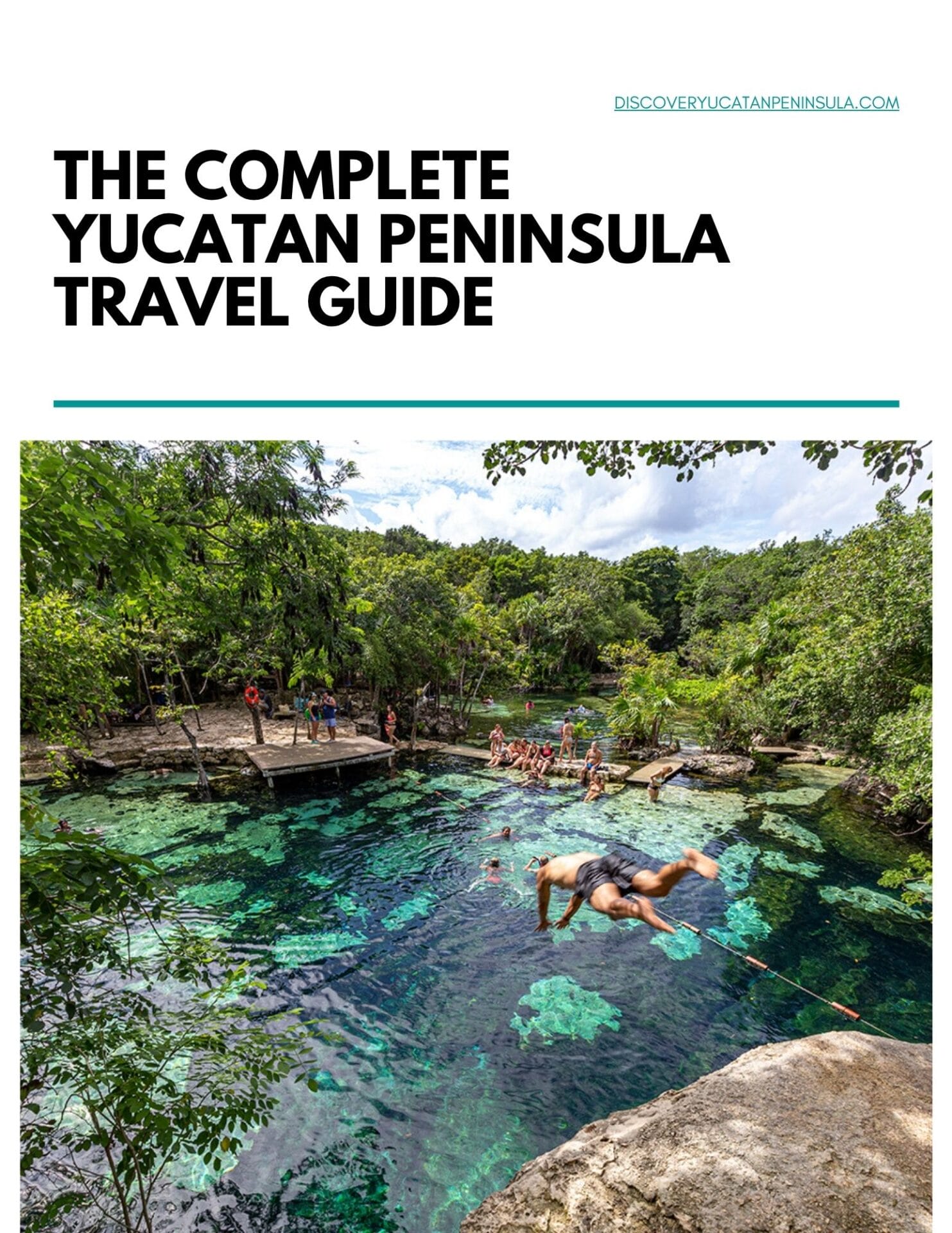 A natural cenote surrounded by lush greenery, with several people swimming and relaxing. Highlighted in a travel guide for exploring Yucatan Peninsula.