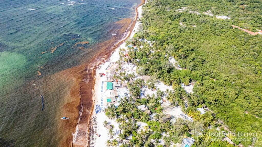 Aerial view of a tropical beach with lush greenery, white sand, and clear water. Small buildings are scattered along the shoreline.