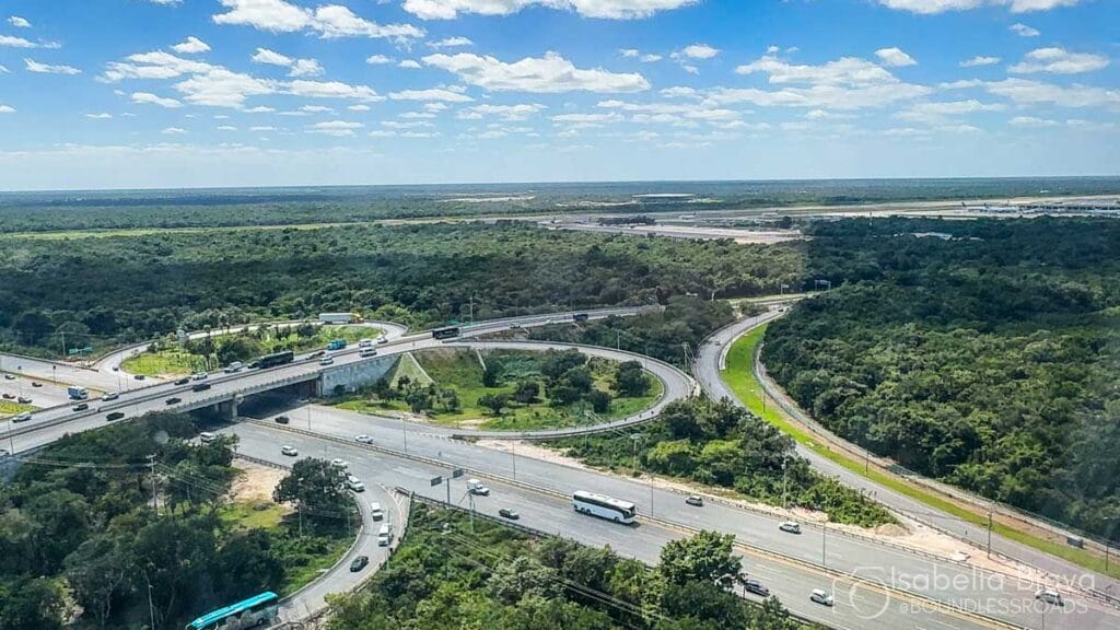Aerial view of a highway in a forested area