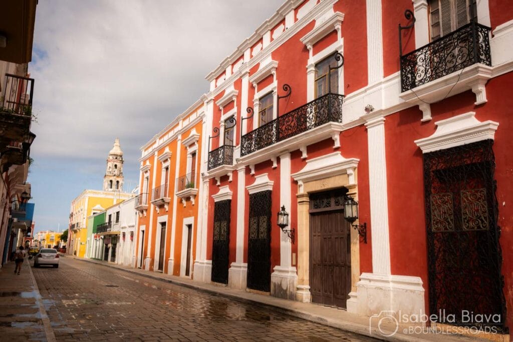 Colorful colonial street with tower.