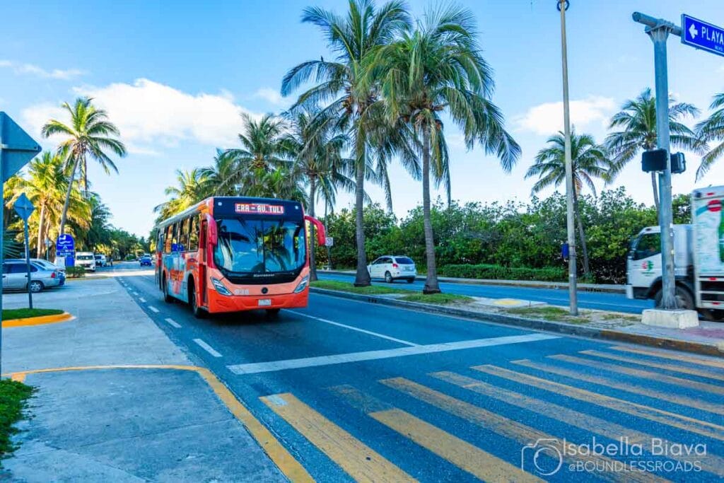Orange bus on a tropical street